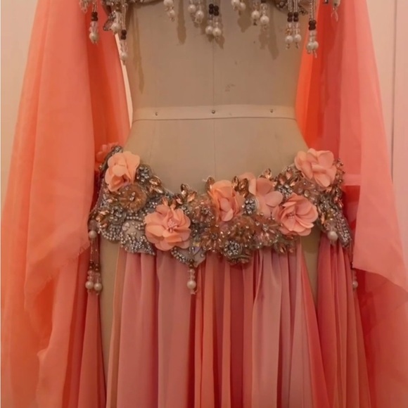 Peach 🍑 Silk Flowers Crystal Belly Dance Costume - Picture 10 of 10
